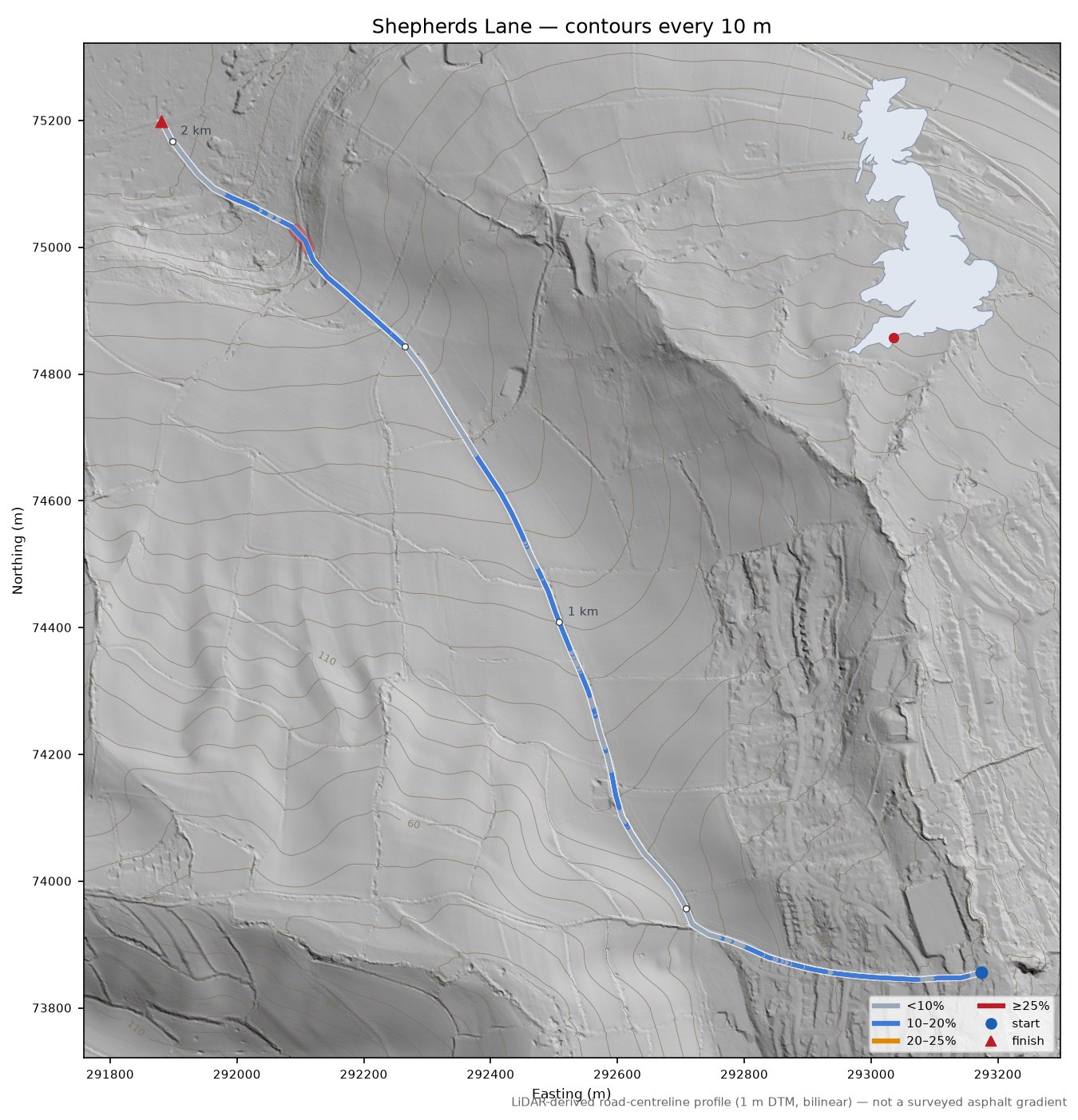 Shepherds Lane LiDAR hillshade map with contours