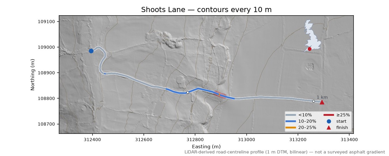 Shoots Lane LiDAR hillshade map with contours