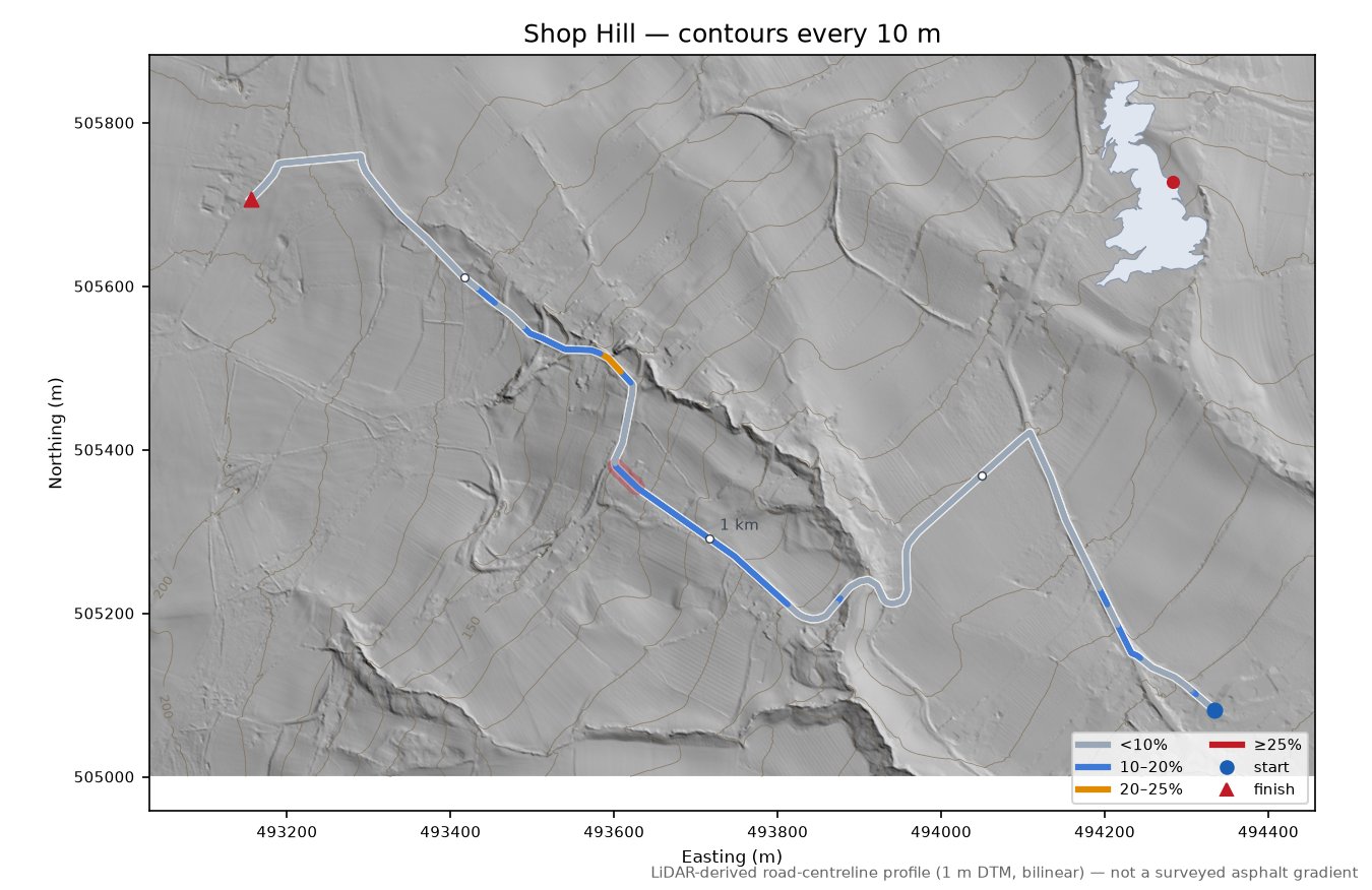Shop Hill LiDAR hillshade map with contours