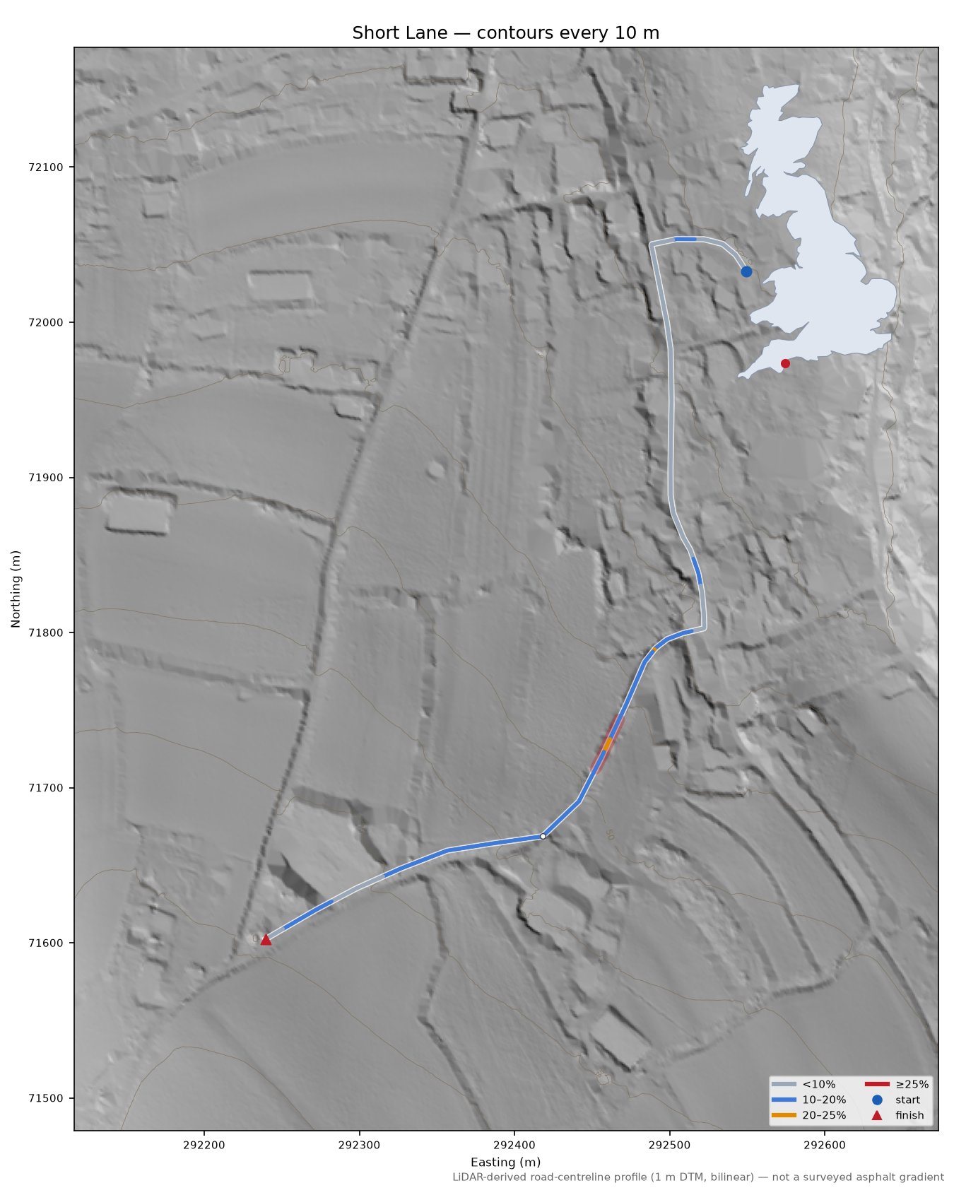 Short Lane LiDAR hillshade map with contours