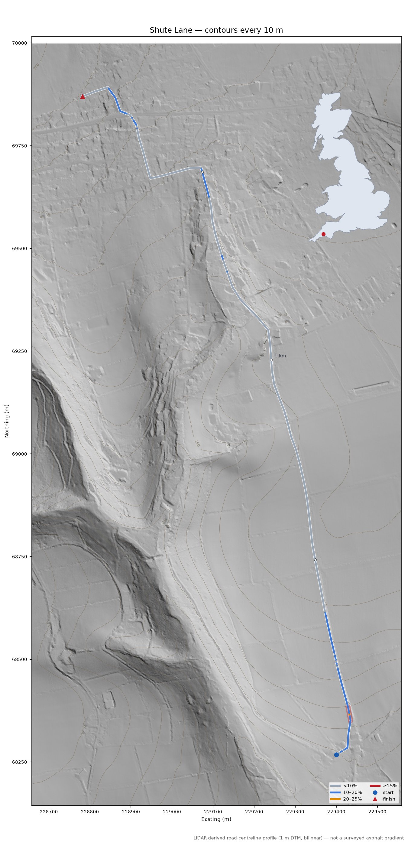Shute Lane LiDAR hillshade map with contours