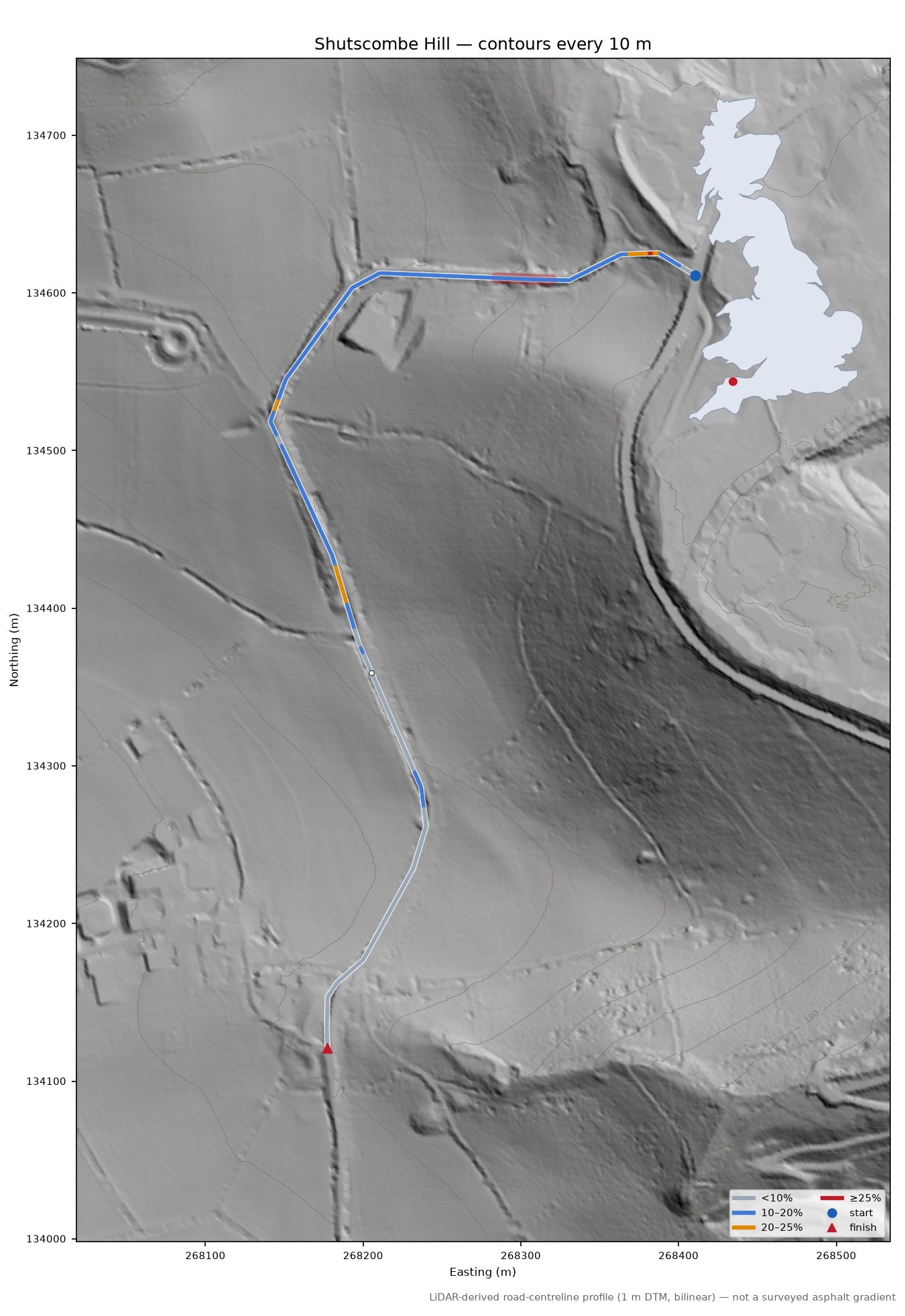 Shutscombe Hill LiDAR hillshade map with contours