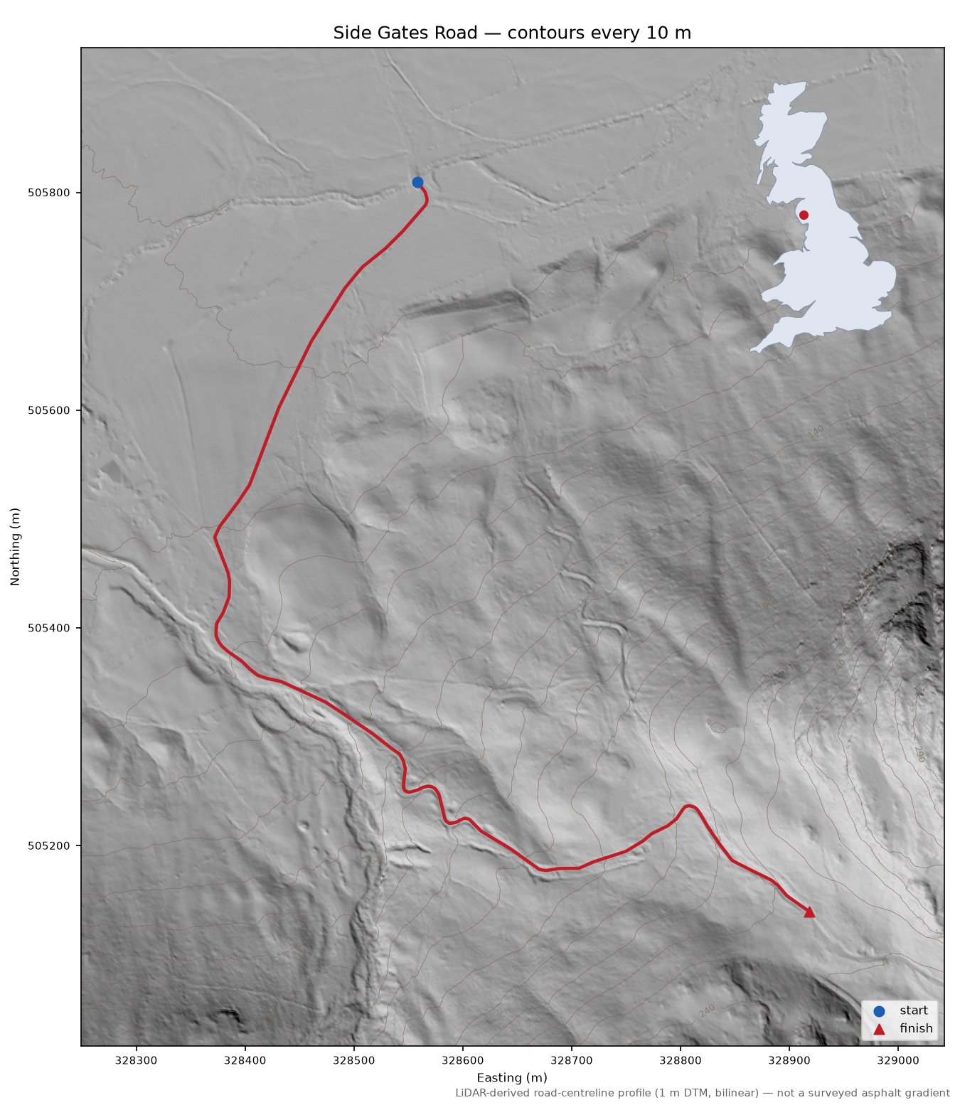 Side Gates Road LiDAR hillshade map with contours
