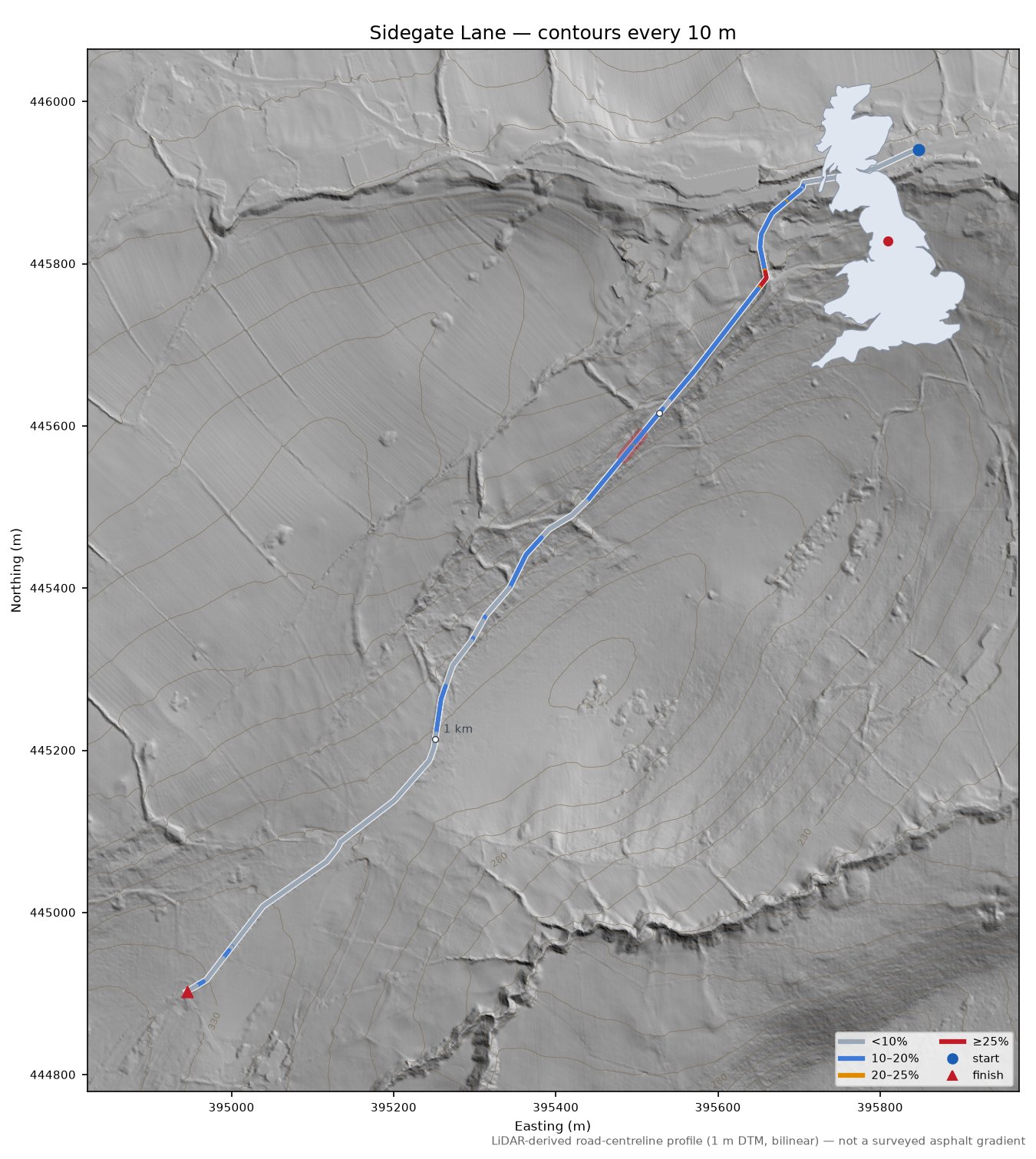 Sidegate Lane LiDAR hillshade map with contours