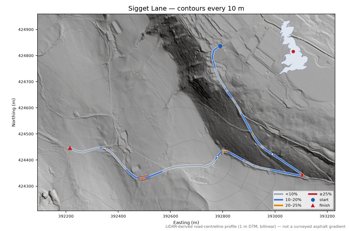 Sigget Lane LiDAR hillshade map with contours