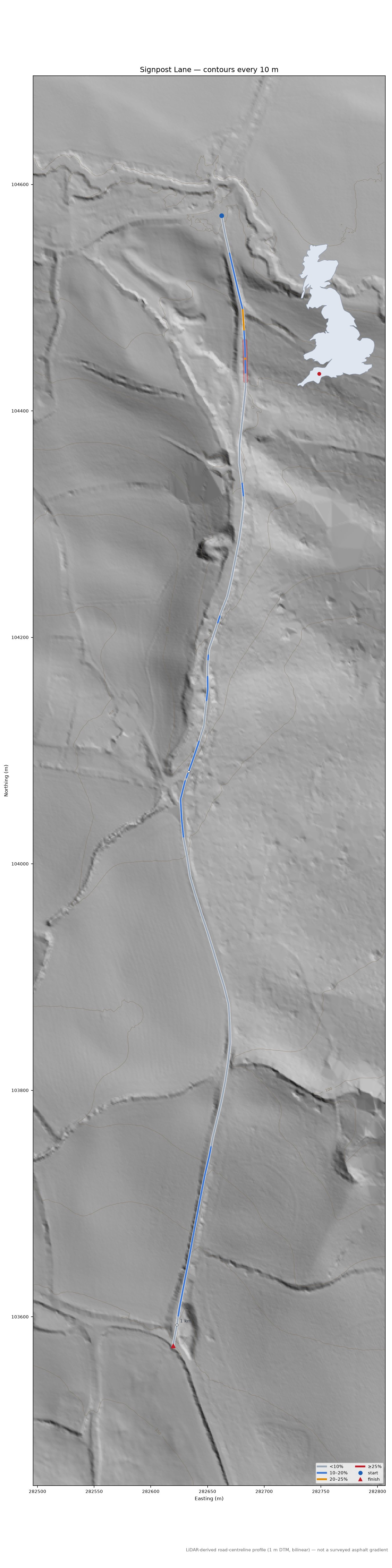 Signpost Lane LiDAR hillshade map with contours