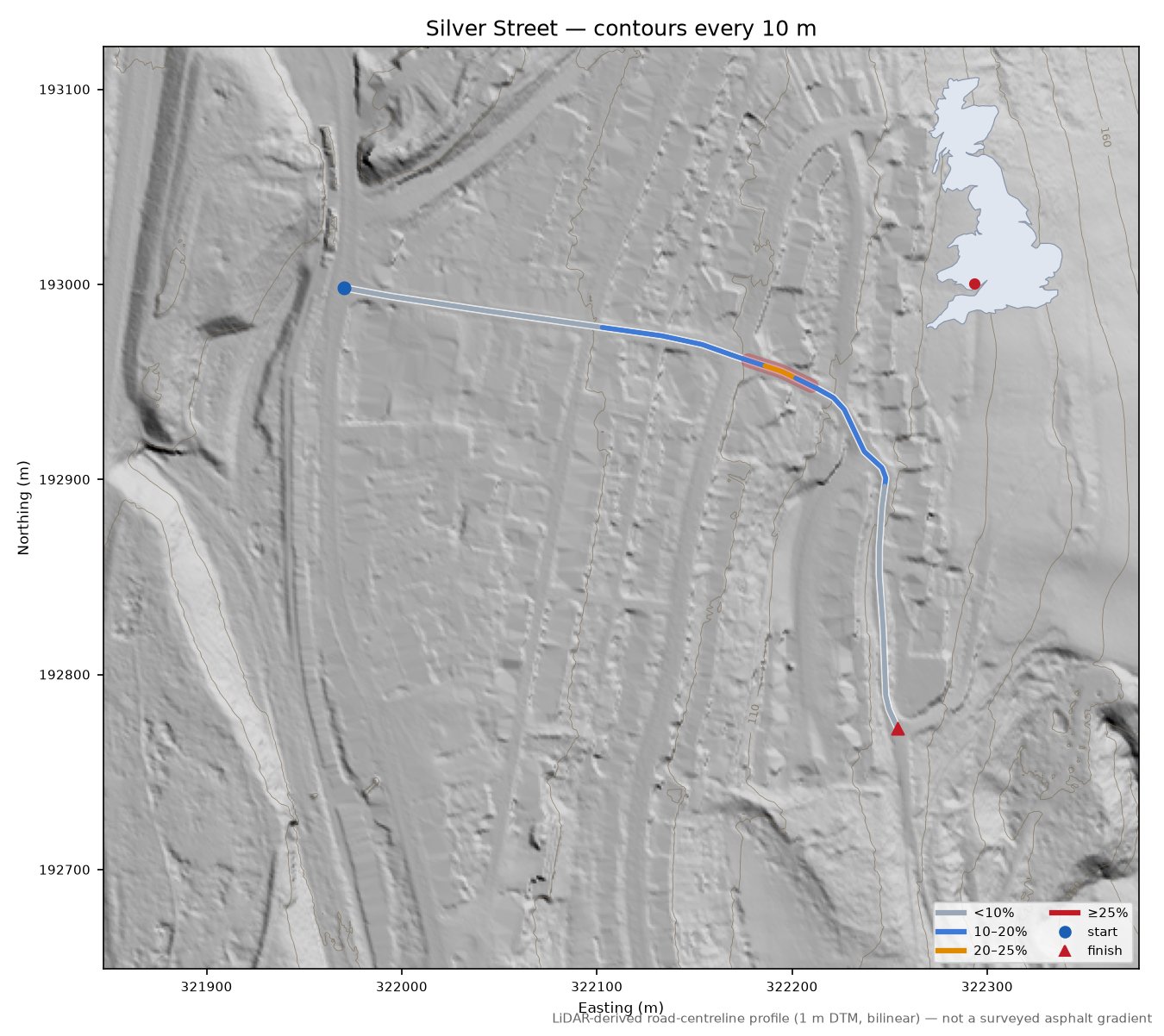 Silver Street LiDAR hillshade map with contours