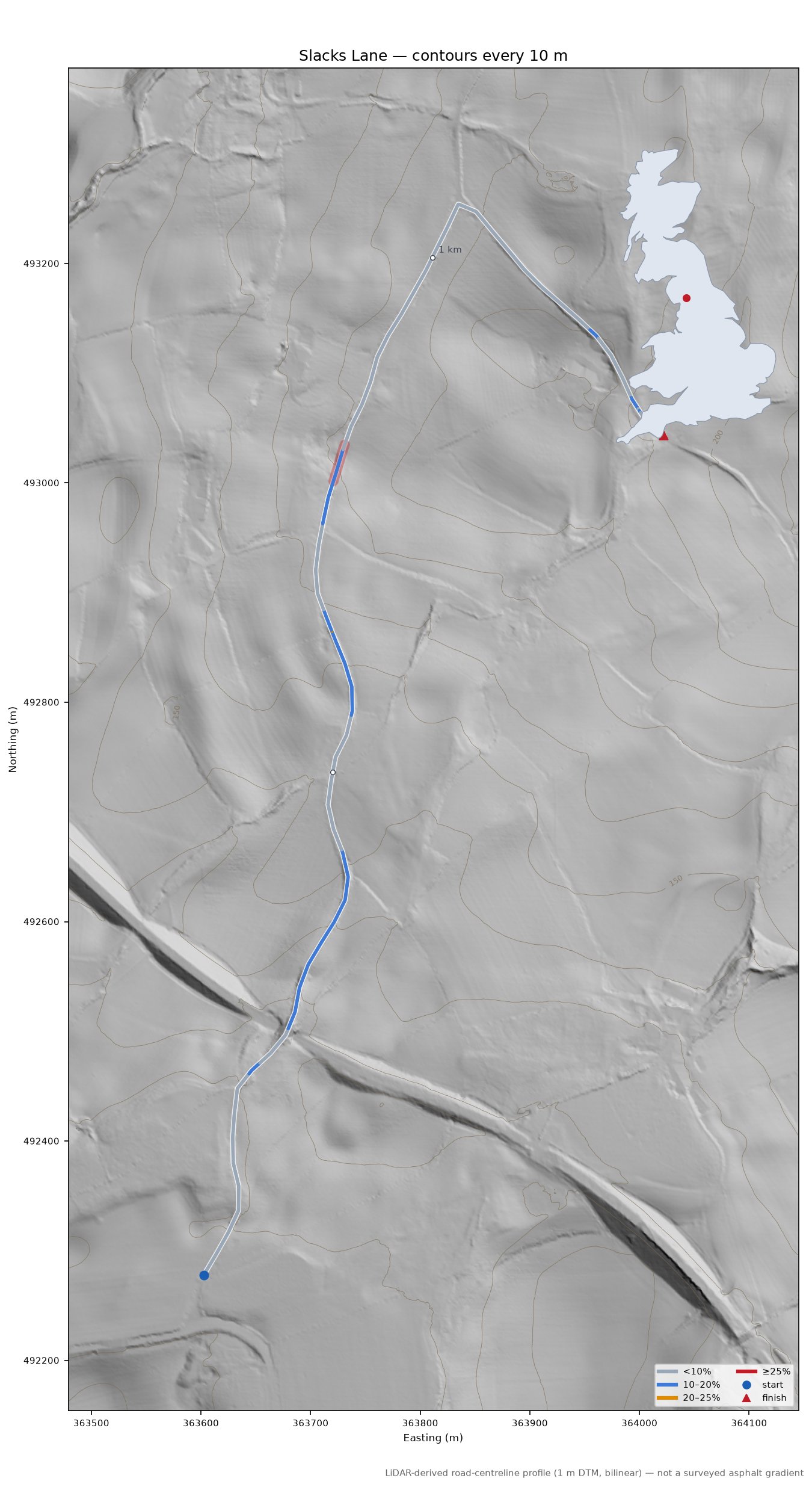 Slacks Lane LiDAR hillshade map with contours
