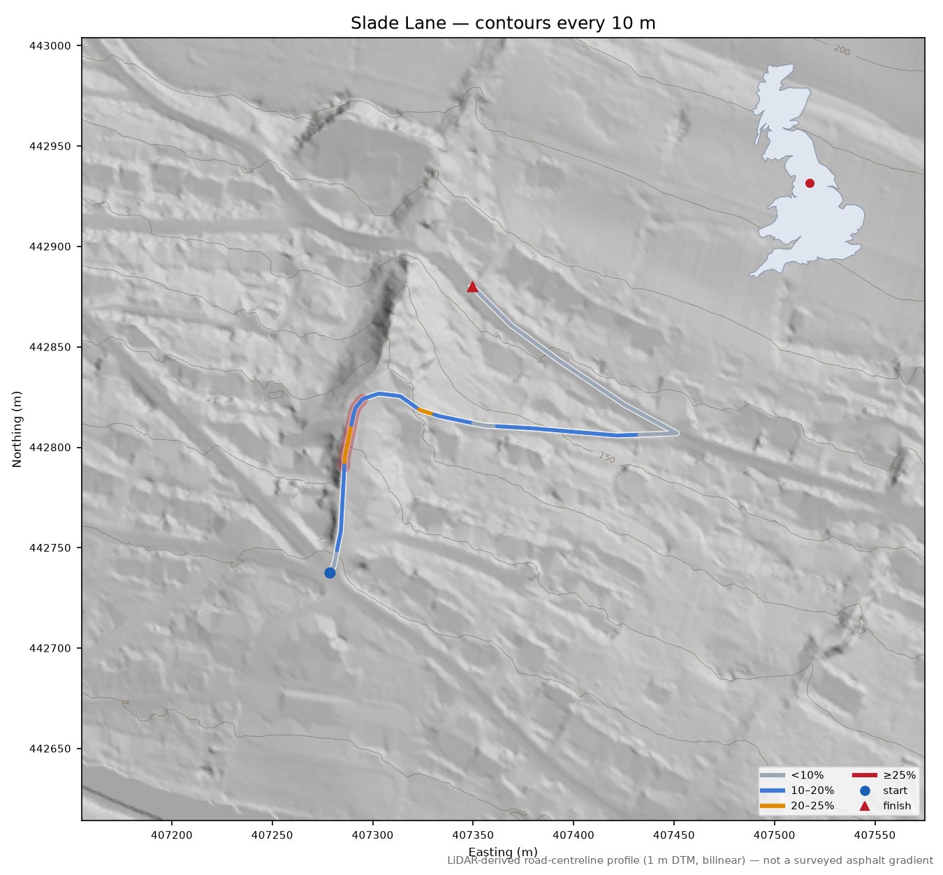 Slade Lane LiDAR hillshade map with contours