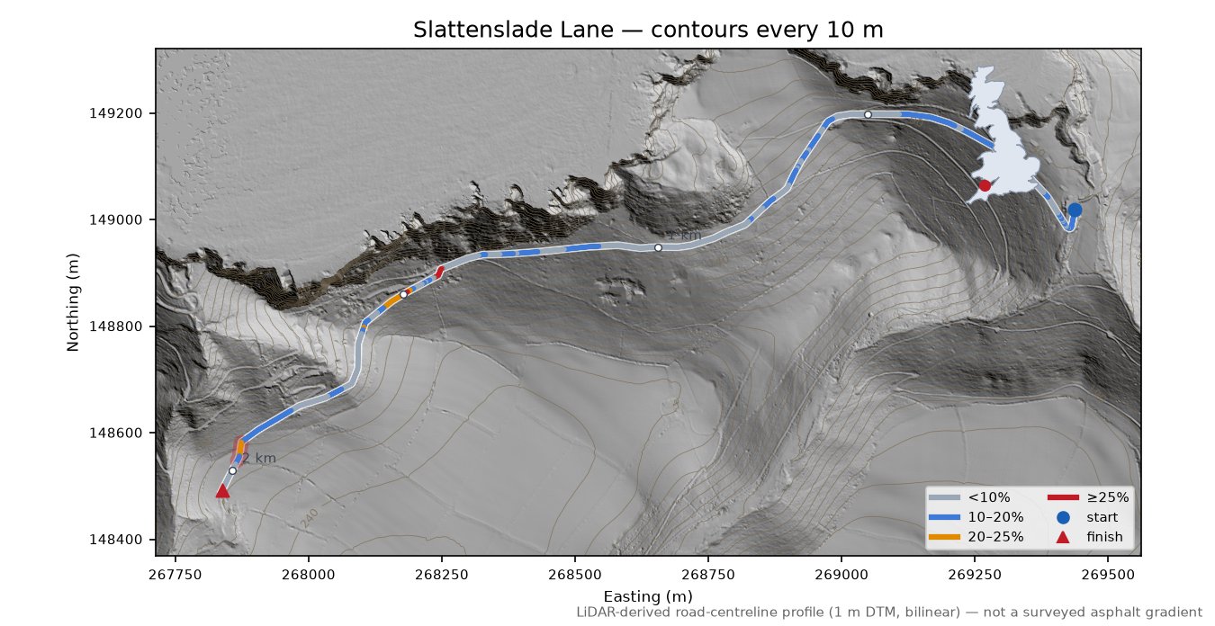 Slattenslade Lane LiDAR hillshade map with contours