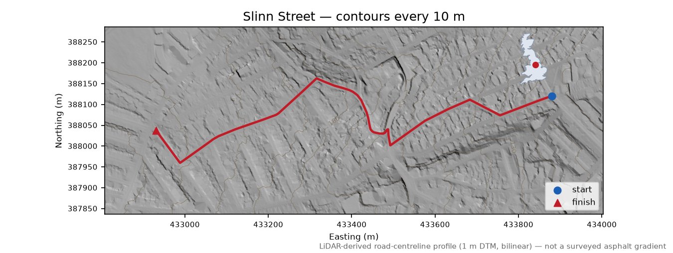 Slinn Street LiDAR hillshade map with contours