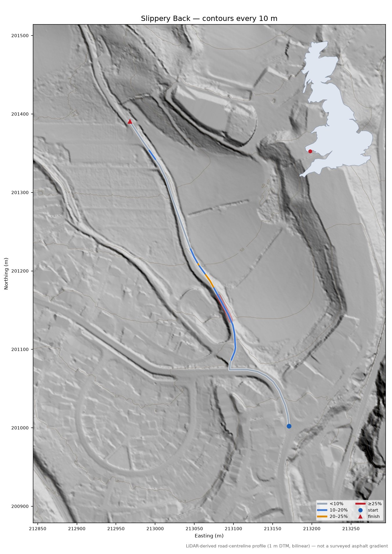 Slippery Back LiDAR hillshade map with contours