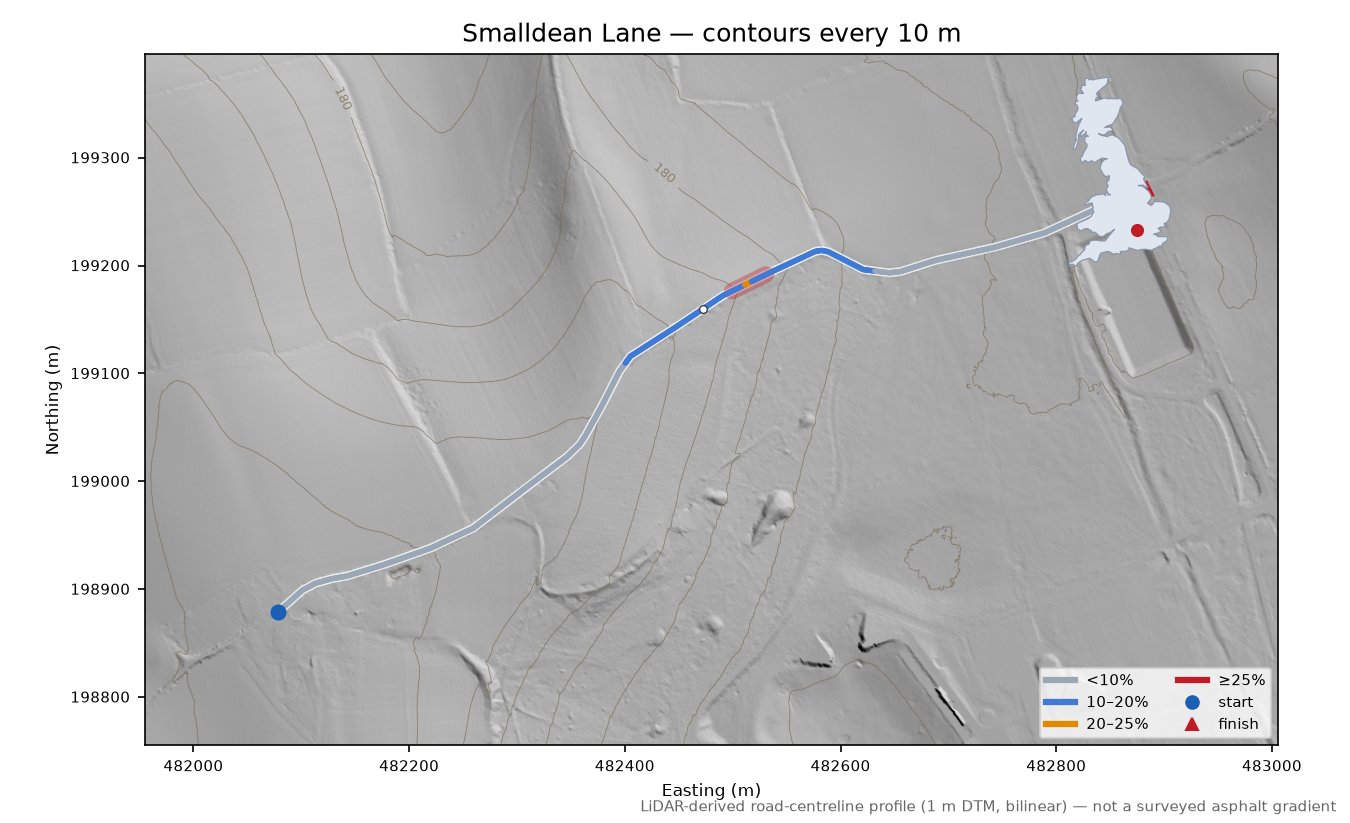 Smalldean Lane LiDAR hillshade map with contours
