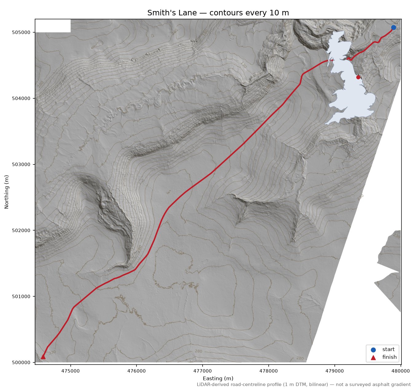Smith's Lane LiDAR hillshade map with contours