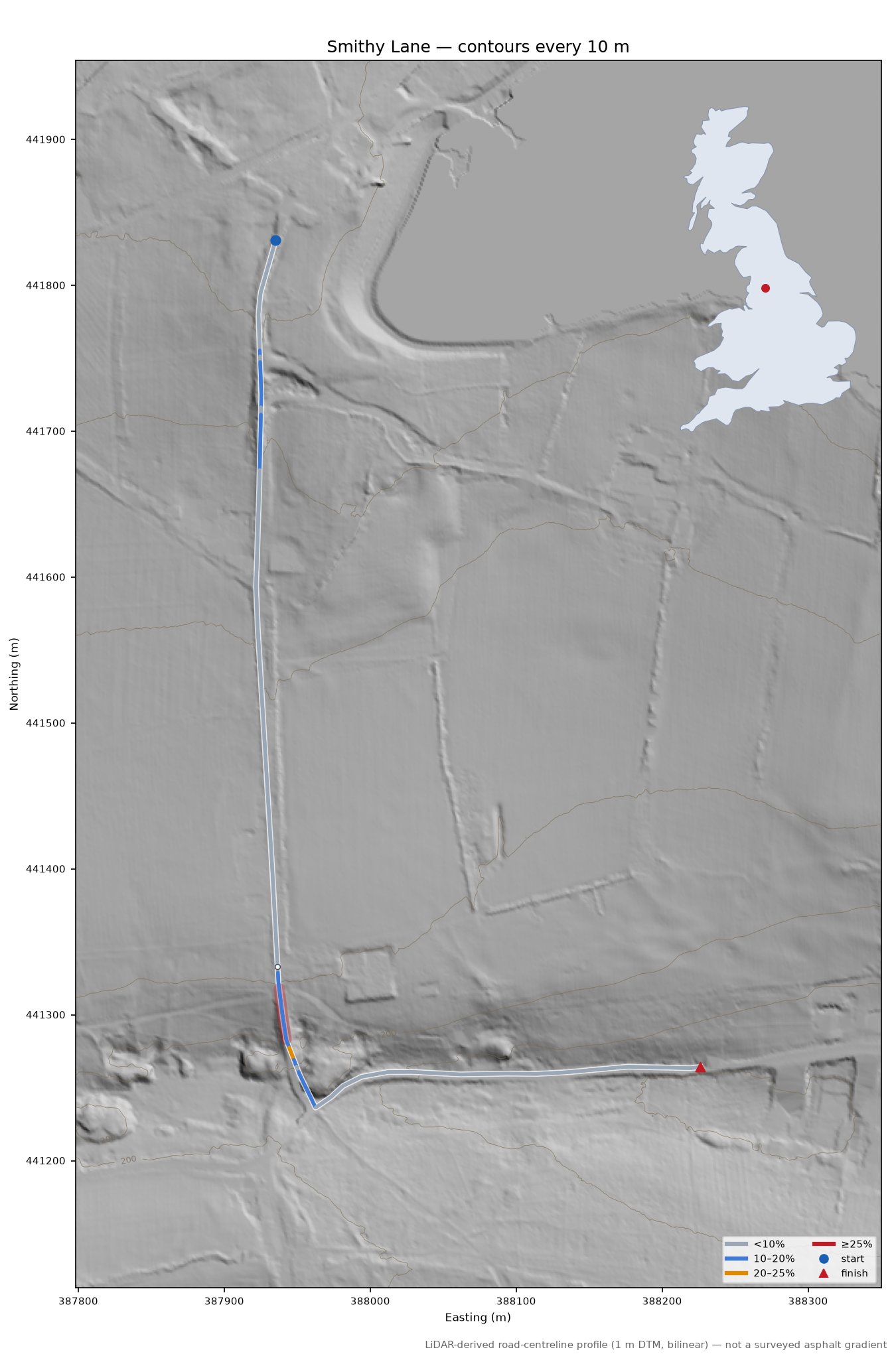Smithy Lane LiDAR hillshade map with contours
