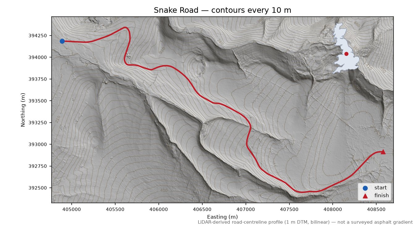 Snake Road LiDAR hillshade map with contours