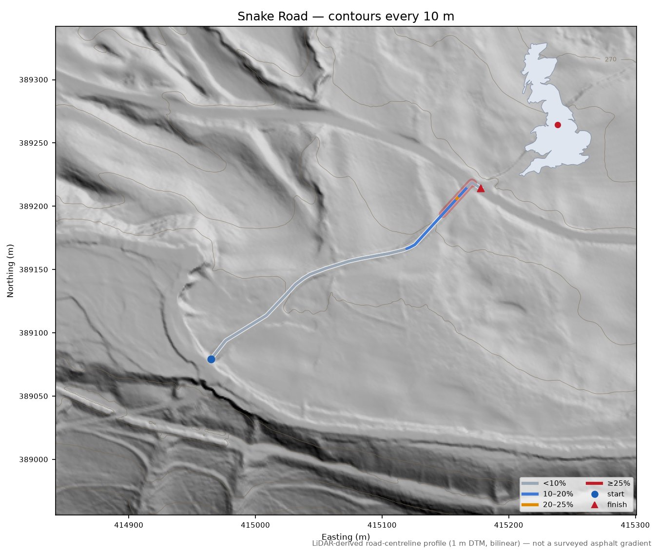 Snake Road LiDAR hillshade map with contours