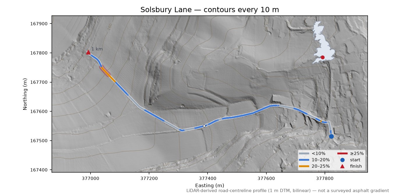 Solsbury Lane LiDAR hillshade map with contours