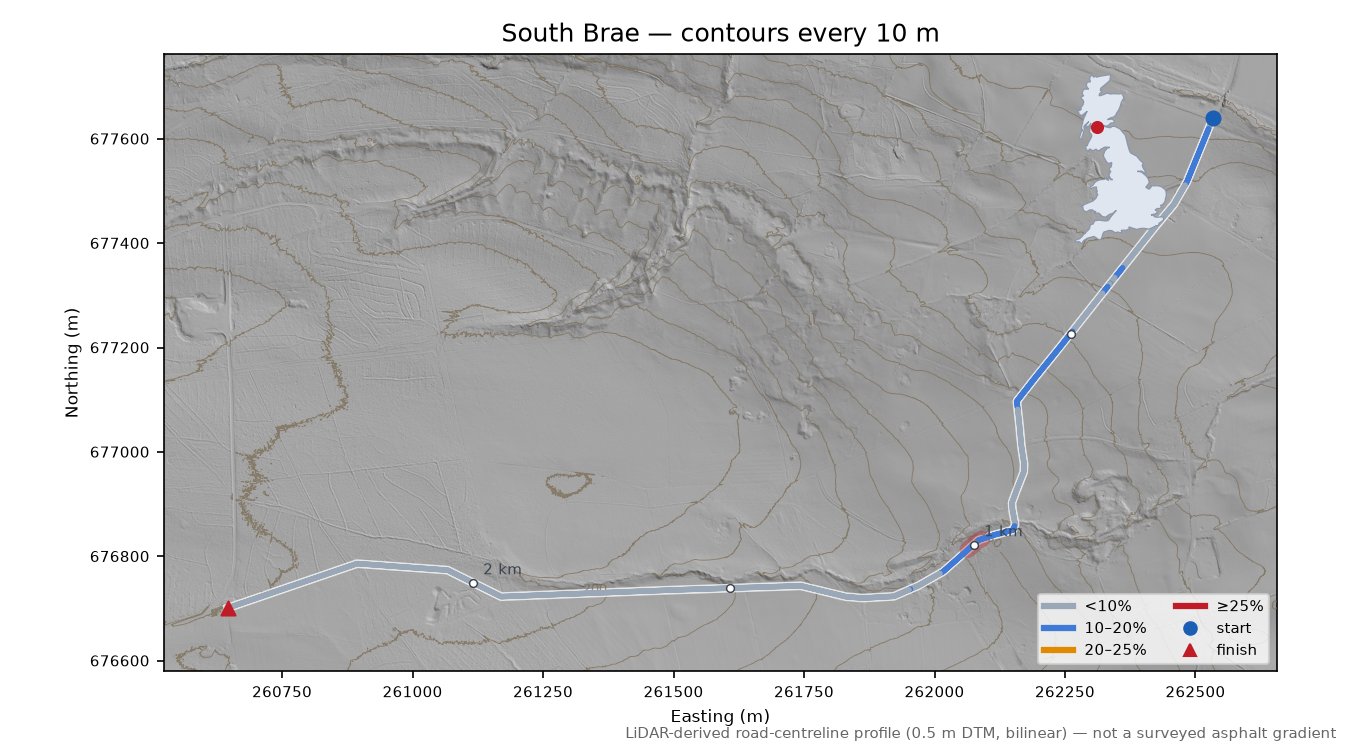 South Brae LiDAR hillshade map with contours
