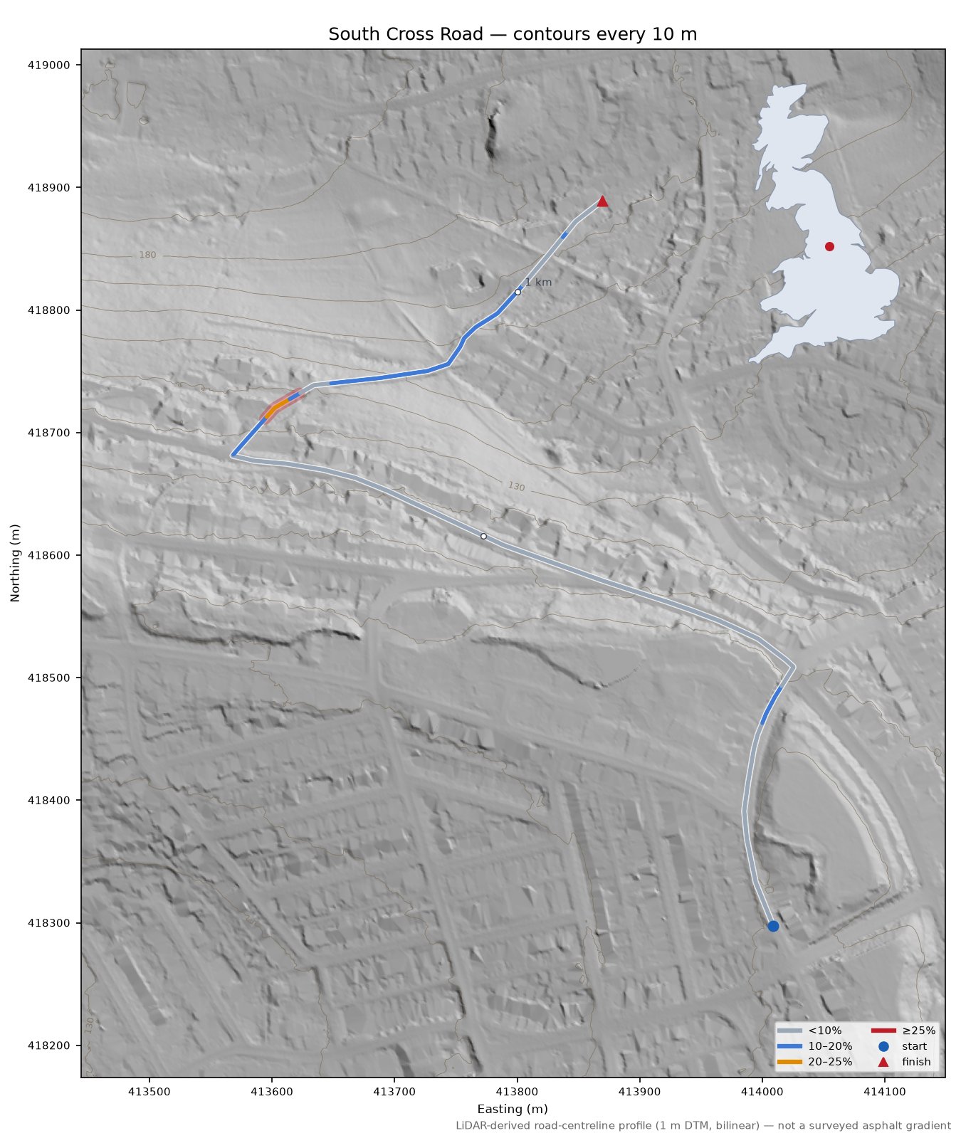 South Cross Road LiDAR hillshade map with contours