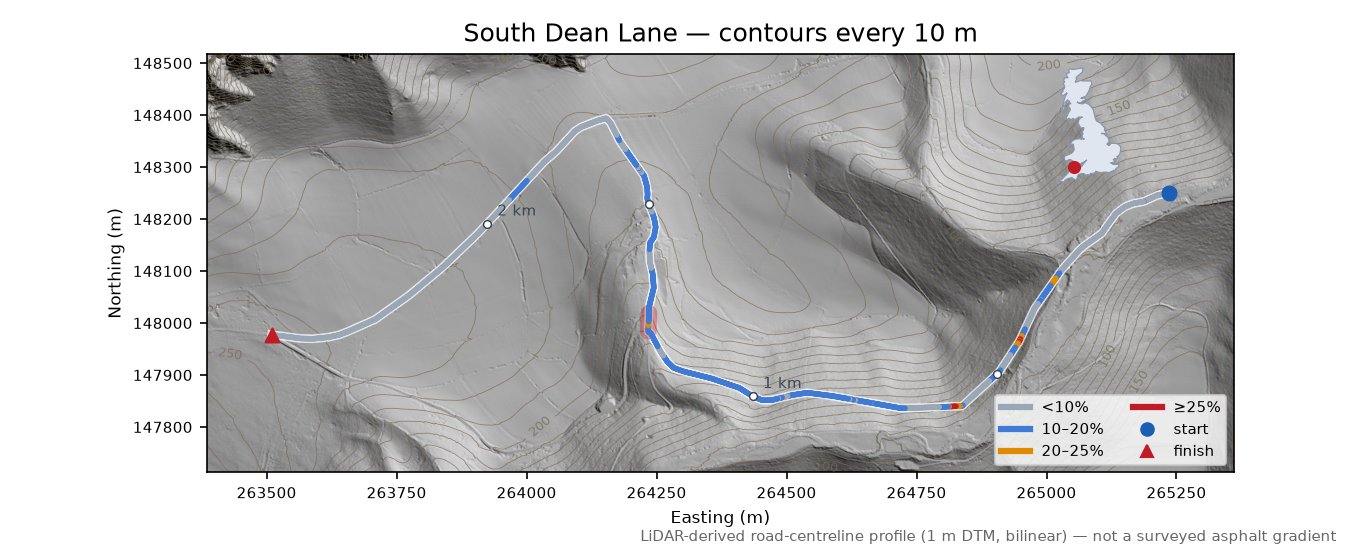 South Dean Lane LiDAR hillshade map with contours