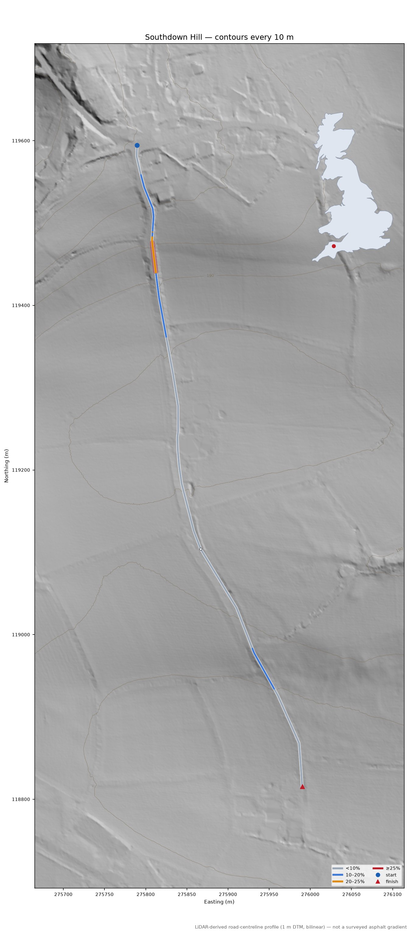 Southdown Hill LiDAR hillshade map with contours