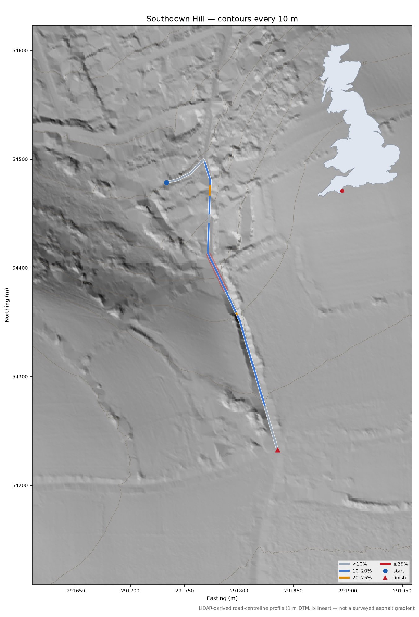Southdown Hill LiDAR hillshade map with contours