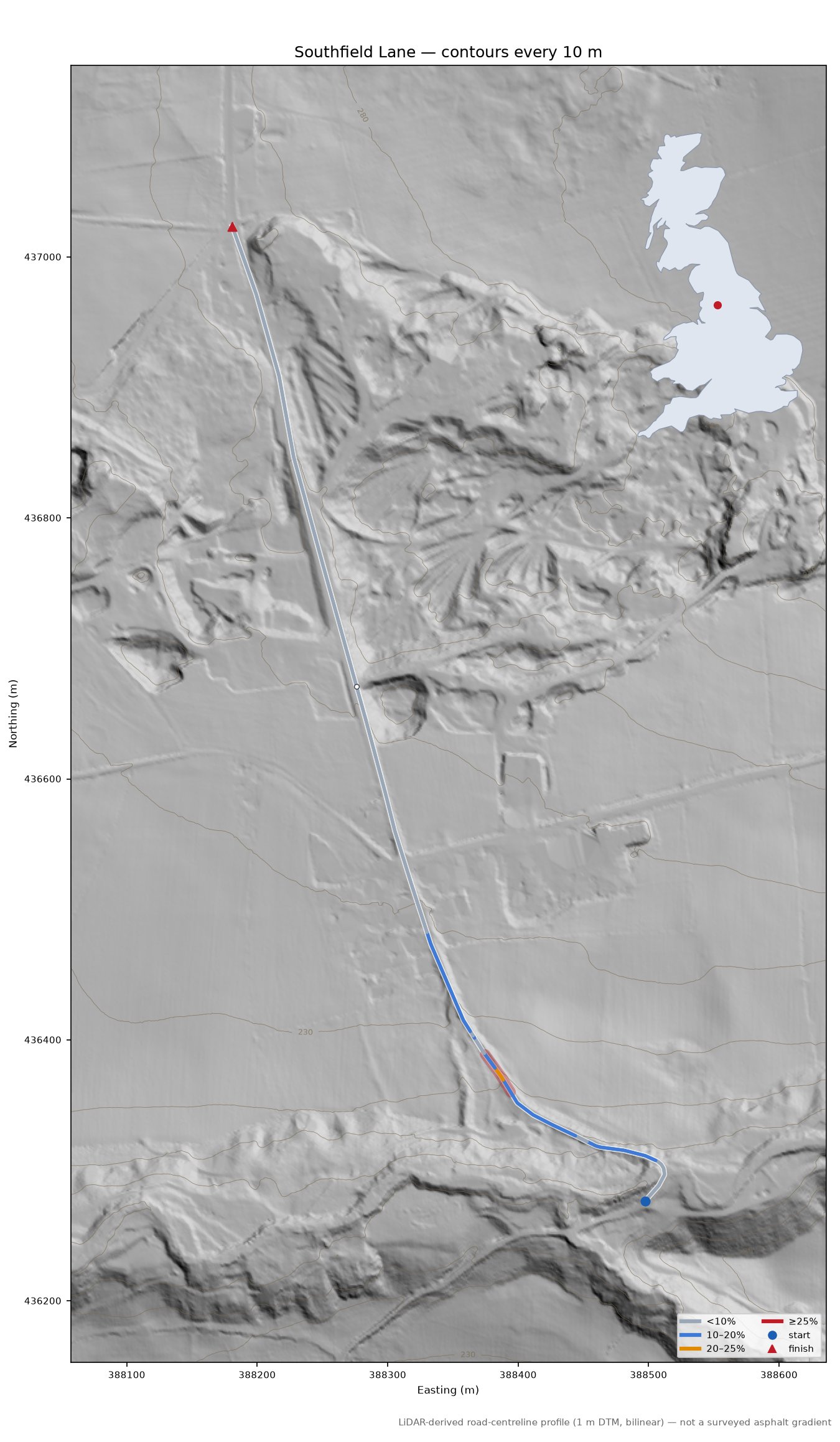 Southfield Lane LiDAR hillshade map with contours