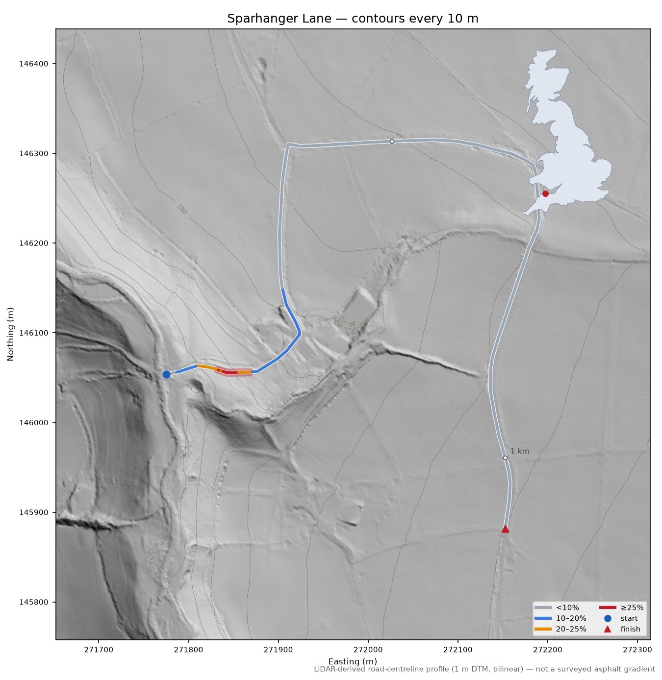 Sparhanger Lane LiDAR hillshade map with contours