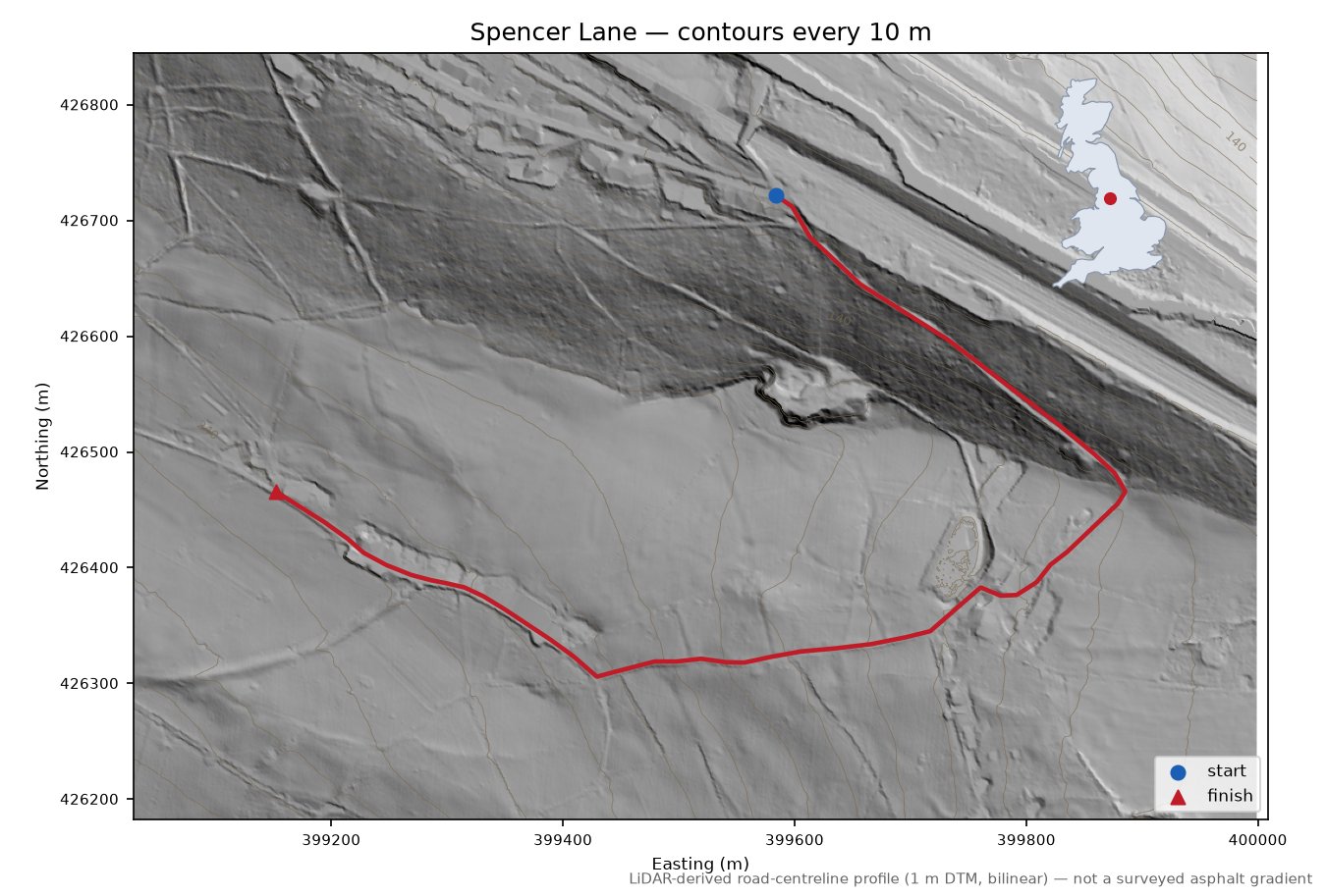 Spencer Lane LiDAR hillshade map with contours
