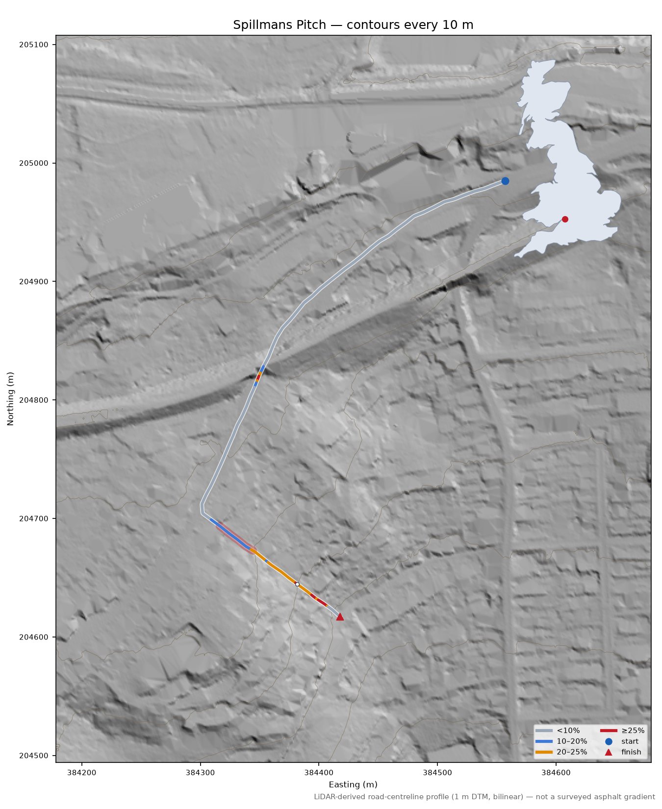 Spillmans Pitch LiDAR hillshade map with contours