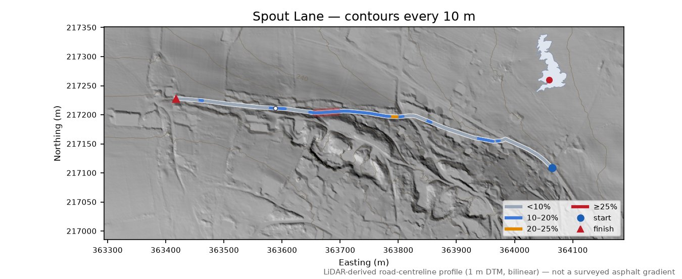 Spout Lane LiDAR hillshade map with contours