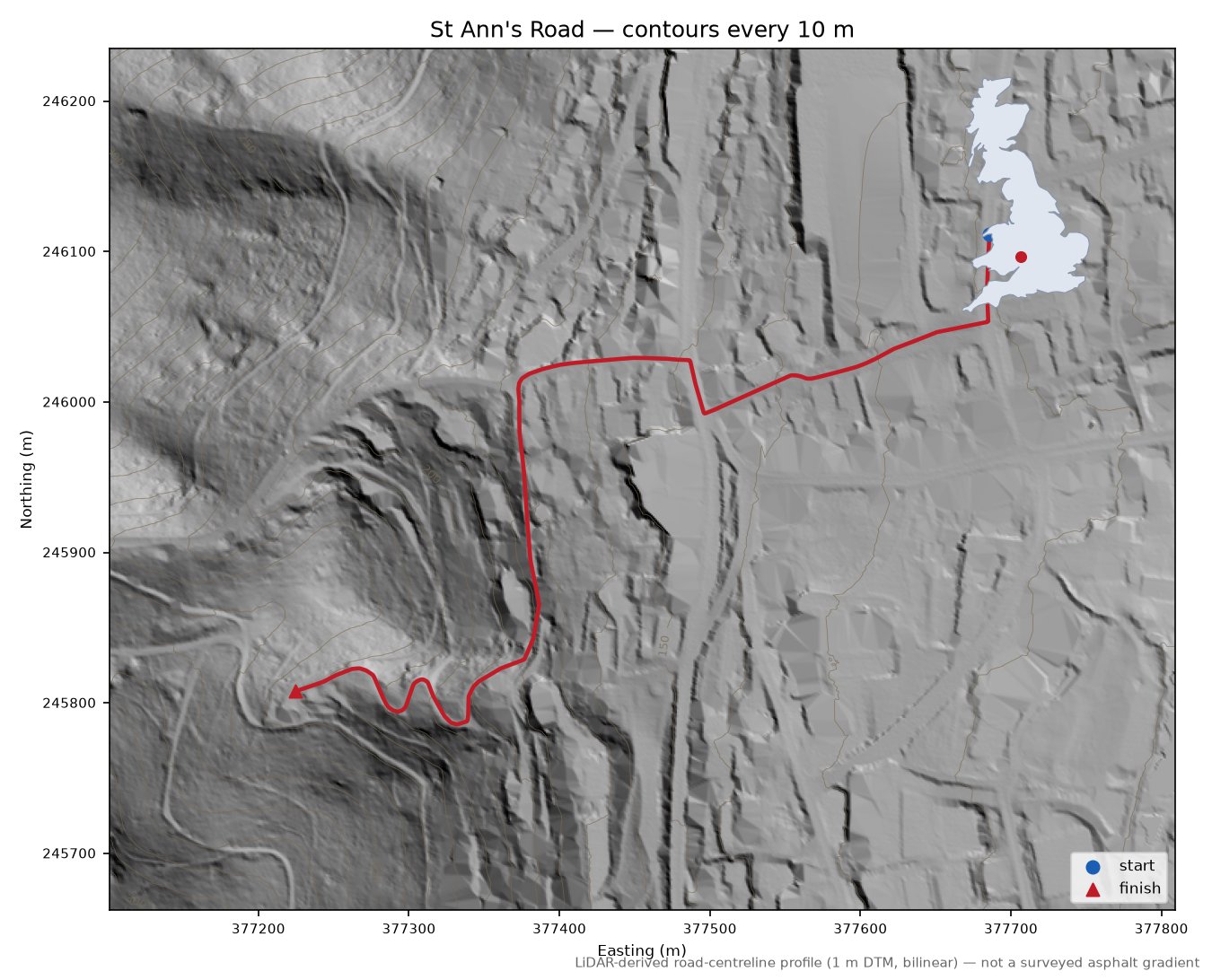 St Ann's Road LiDAR hillshade map with contours