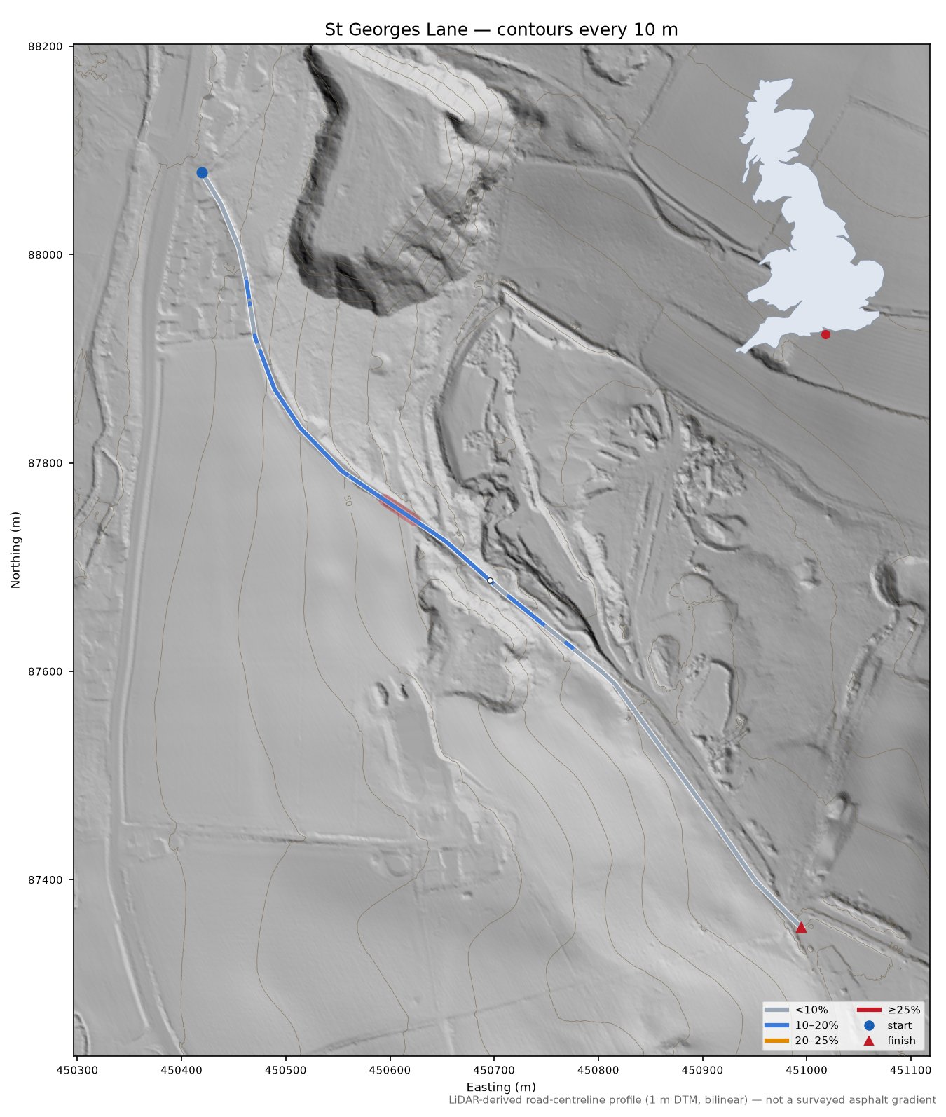 St Georges Lane LiDAR hillshade map with contours
