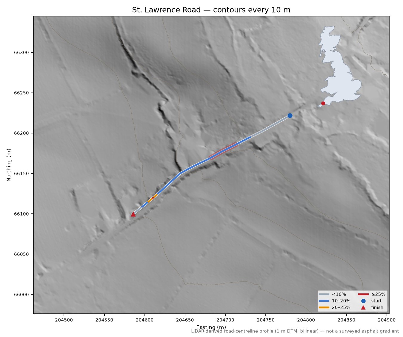 St. Lawrence Road LiDAR hillshade map with contours