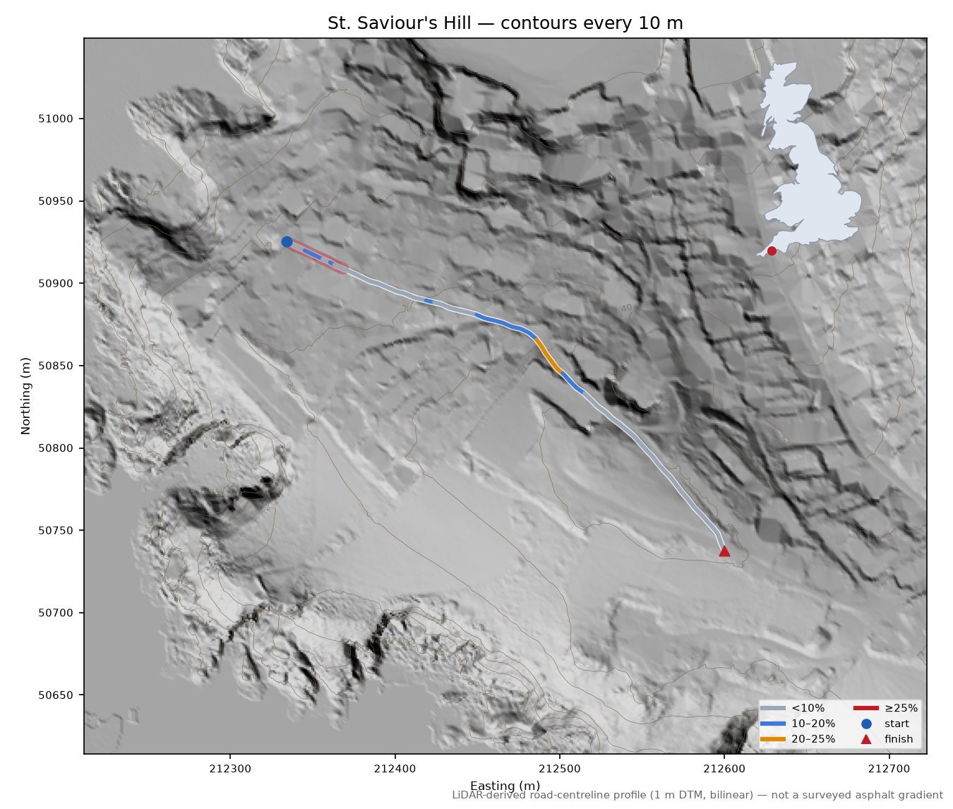 St. Saviour's Hill LiDAR hillshade map with contours