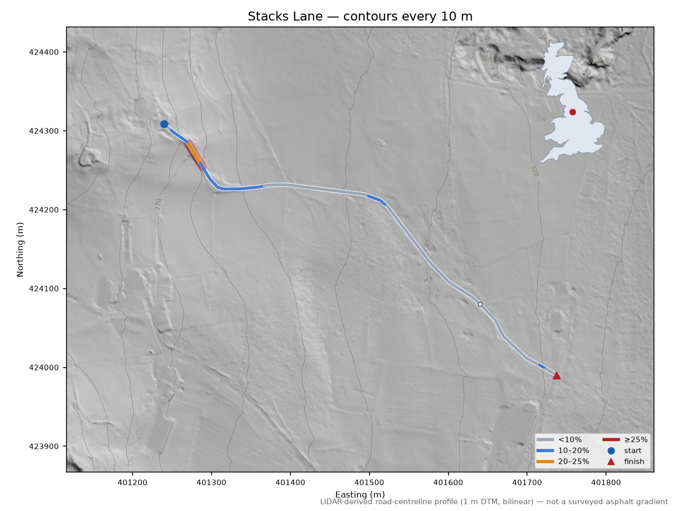 Stacks Lane LiDAR hillshade map with contours