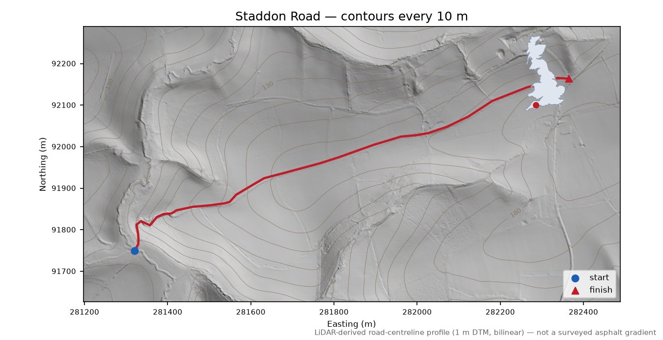 Staddon Road LiDAR hillshade map with contours