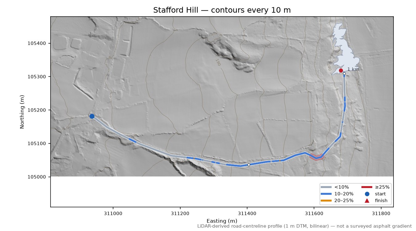 Stafford Hill LiDAR hillshade map with contours