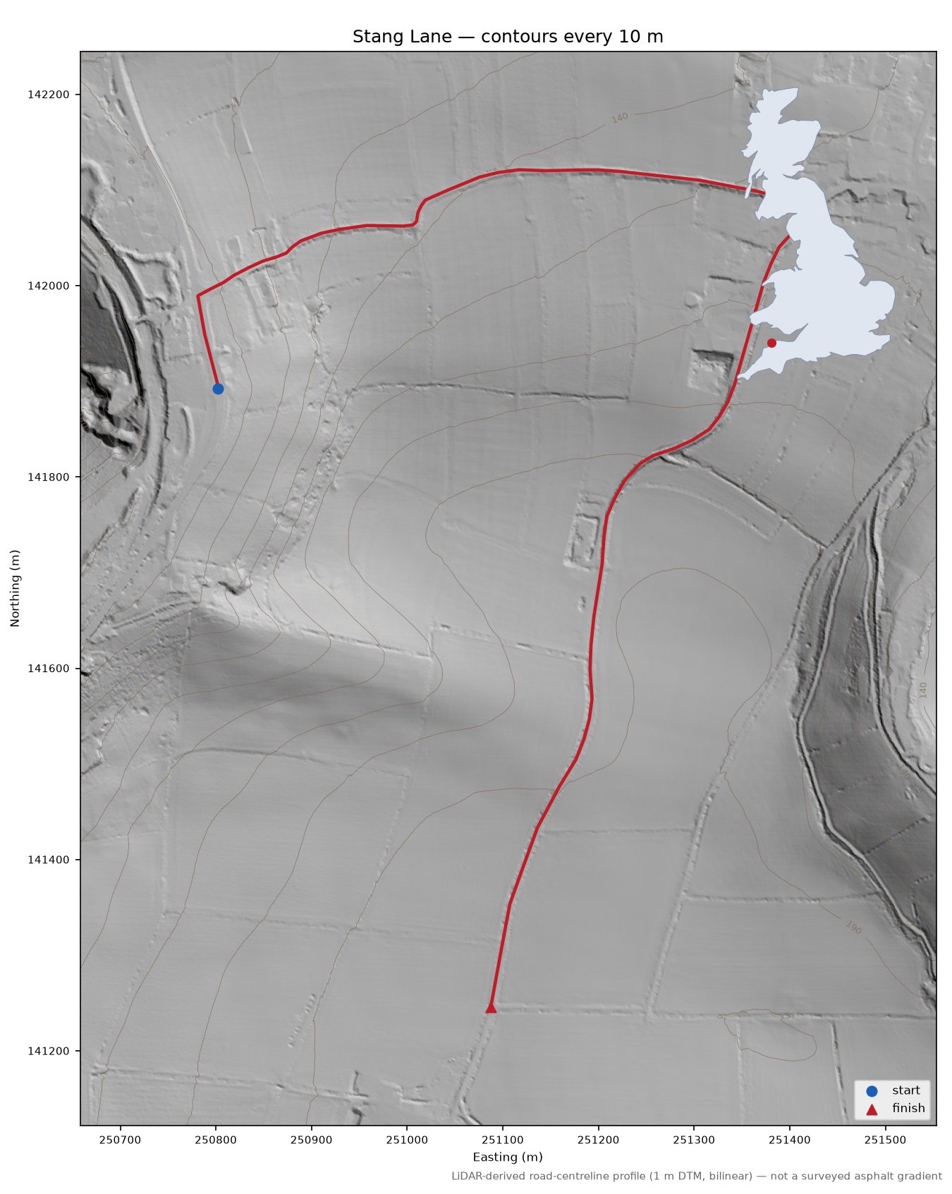 Stang Lane LiDAR hillshade map with contours
