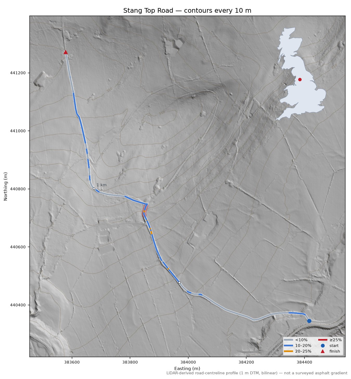 Stang Top Road LiDAR hillshade map with contours