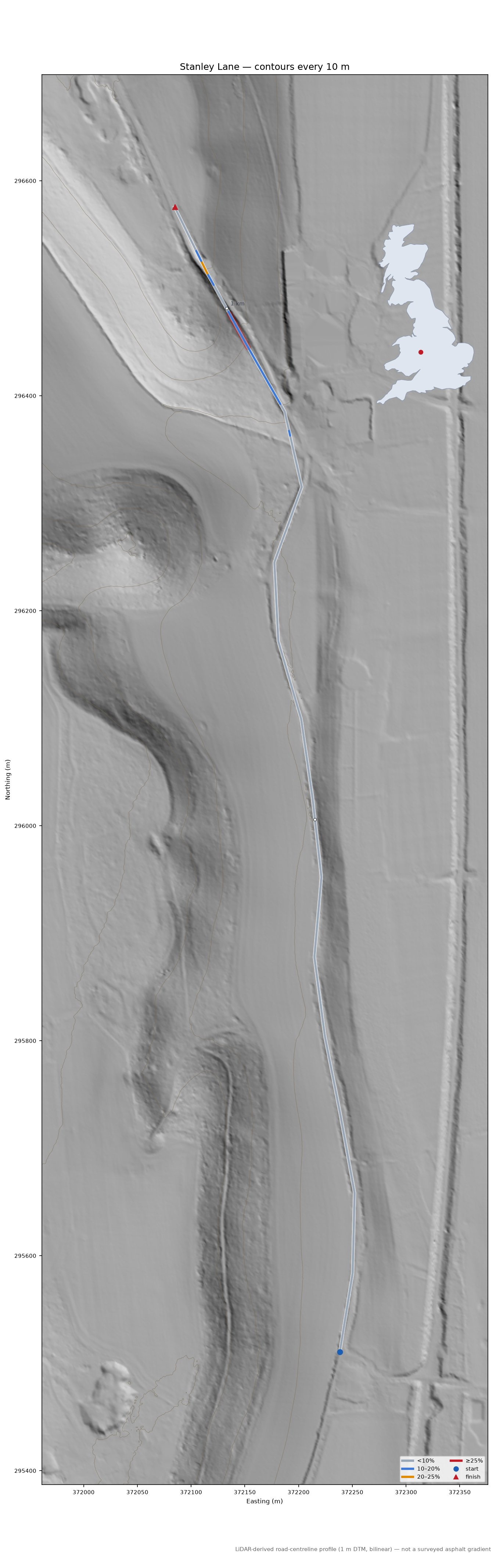 Stanley Lane LiDAR hillshade map with contours