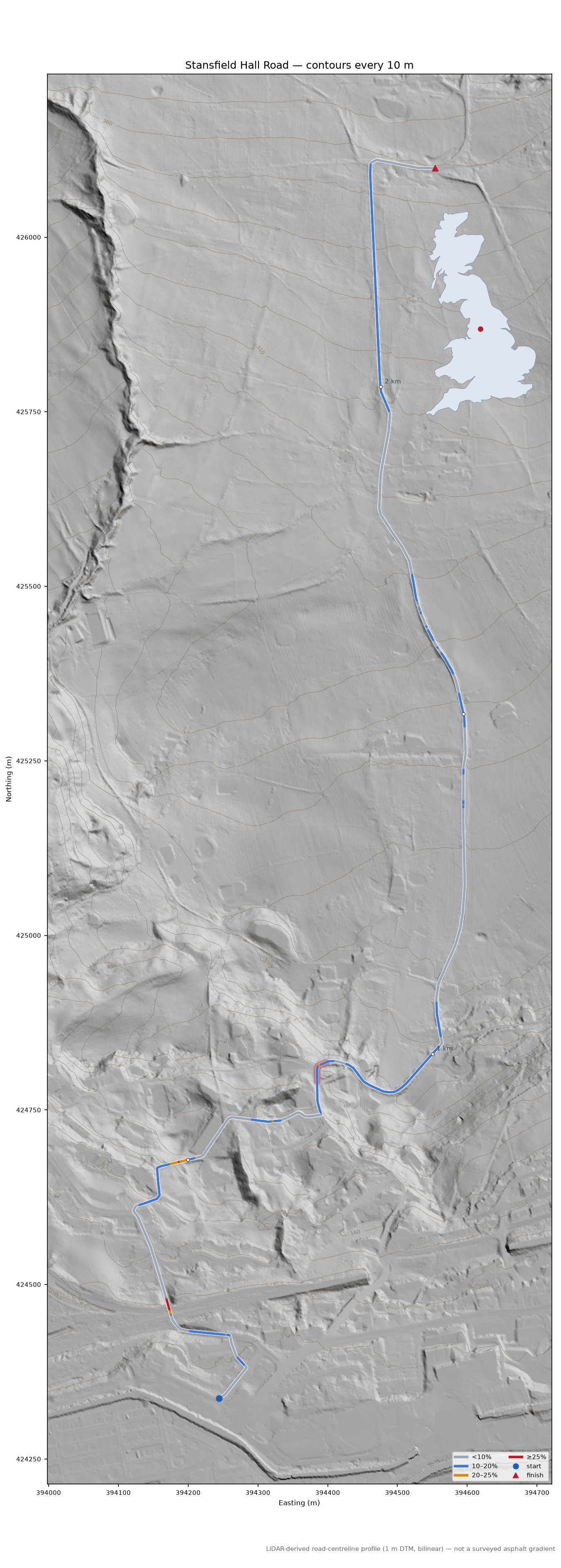 Stansfield Hall Road LiDAR hillshade map with contours