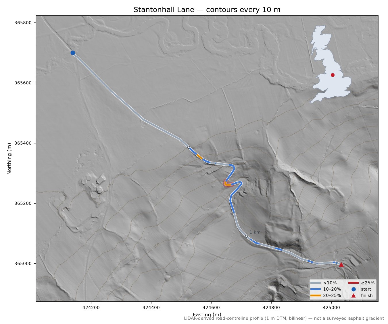 Stantonhall Lane LiDAR hillshade map with contours