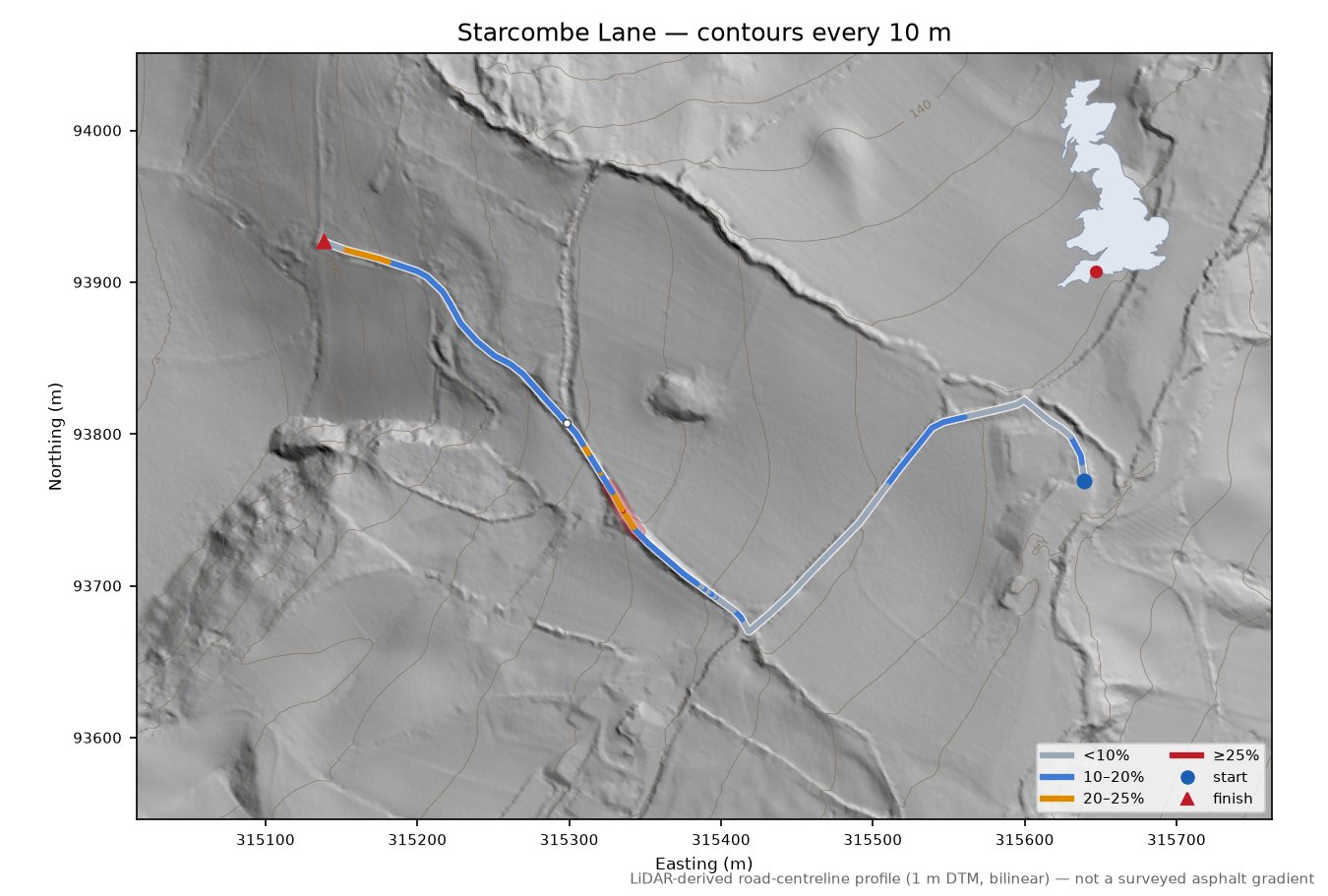 Starcombe Lane LiDAR hillshade map with contours