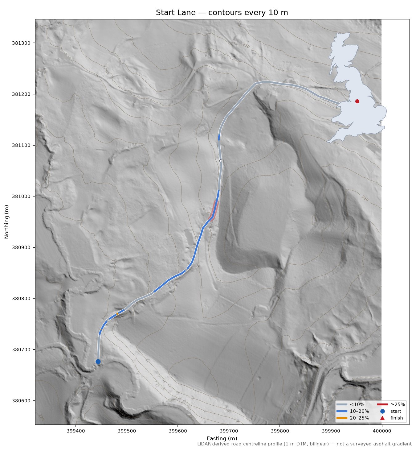 Start Lane LiDAR hillshade map with contours