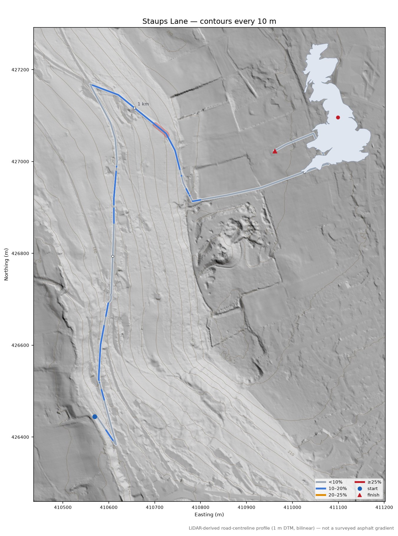 Staups Lane LiDAR hillshade map with contours