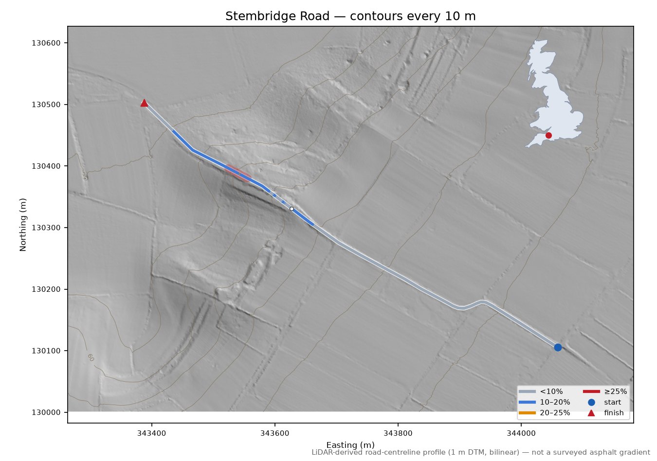 Stembridge Road LiDAR hillshade map with contours