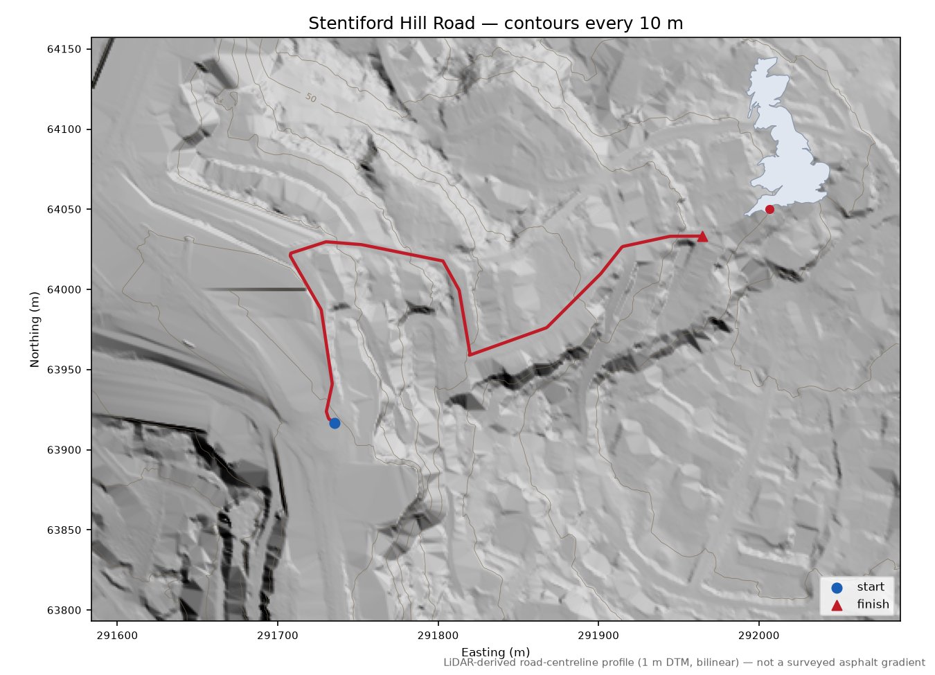 Stentiford Hill Road LiDAR hillshade map with contours