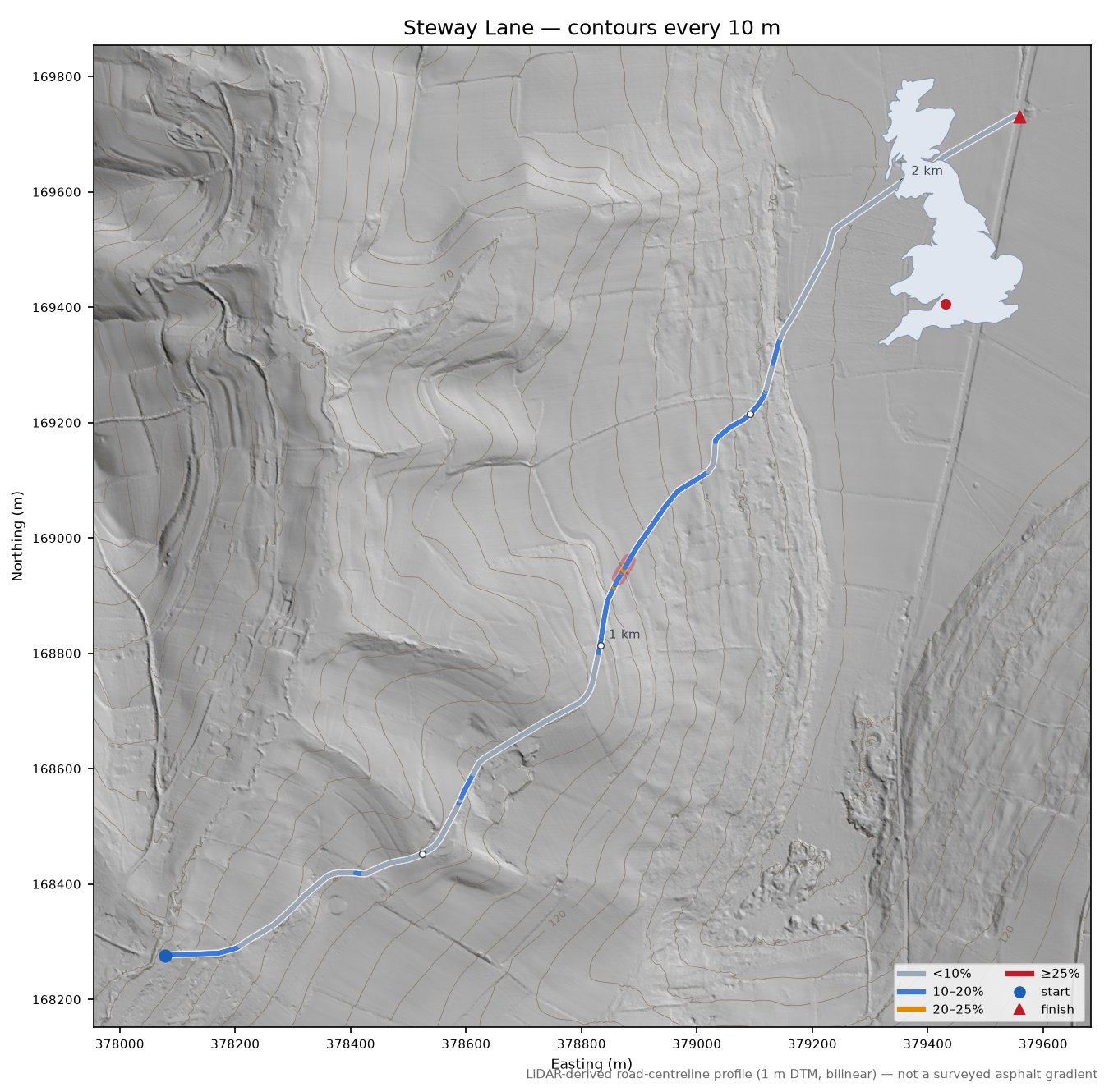 Steway Lane LiDAR hillshade map with contours